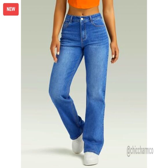 High Waisted Straight Leg Boyfriend Jeans, Wide Leg Loose Fit Denim Pants - Picture 3 of 6